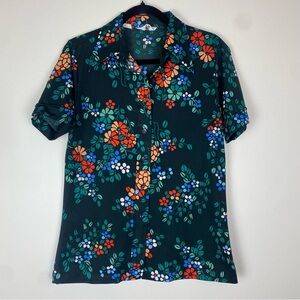 Vintage 60s 70s Dayne Taylor Retro Dark Floral 
 Pointed Collar Polyester Top